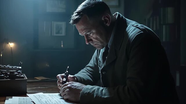 Morse code tapper in dark room with focused individual writing at desk, Morse Code Tapper On Desk In Dark Room WW2 Scene