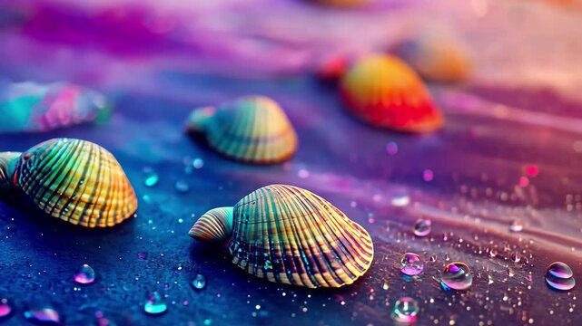 Colorful small seashells scattered on a glistening surface with vibrant background hues, Colorful Small Seashells Nature Background