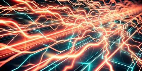 Vibrant orange and teal energy lines flow like lightning through a futuristic digital circuit.