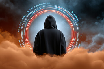 Mysterious Figure Hooded silhouette in digital atmosphere with glowing portal and clouds