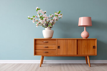 Charming Interior Decor Wood Cabinet, Floral Arrangement, and Stylish Lamp in Cozy Setting