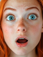 A woman with an expression of surprise. Her eyes are wide open, eyebrows raised high, and her mouth slightly open in an "O" shape