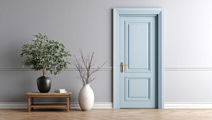 Charming Pastel Blue Door with Elegant Interior Design Accents and Decorative Plants
