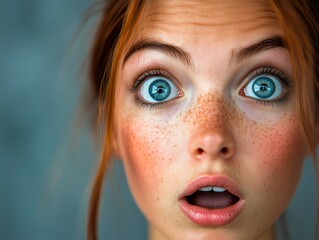 A woman with an expression of surprise. Her eyes are wide open, eyebrows raised high, and her mouth slightly open in an "O" shape