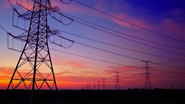 Aerial shot of high voltage power tower and power lines with beautiful sky clouds at dusk