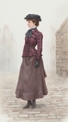 Fototapeta premium Captivating Portrait of a 19th Century Woman in Elegant Vintage Fashion: A Timeless Glimpse into Historical Style and Urban Life