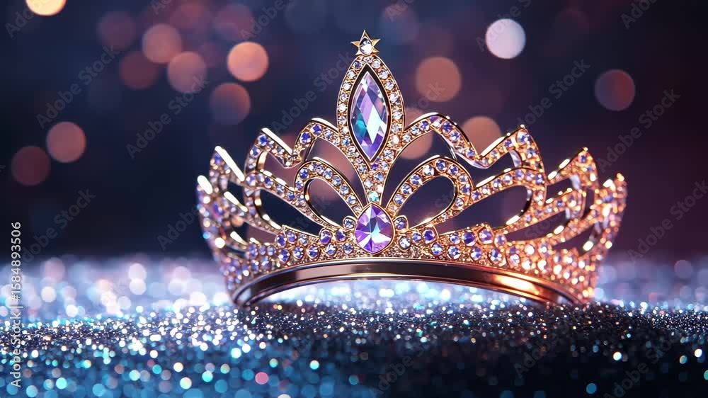 Poster elegant sparkling tiara resting on a glittery surface with a colorful bokeh background, sparkling ti