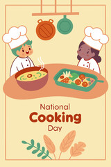 National Cooking Day cartoon illustration of two little chefs preparing tasty food