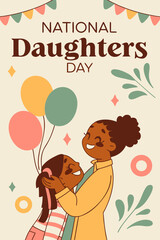 National Daughters Day with mother daughter hugging, holding balloon and banner background
