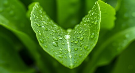 Fototapeta premium Water droplets on green leaf closeup