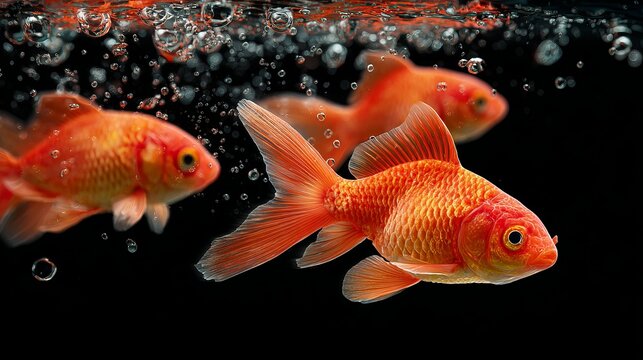 Three vibrant goldfish swimming gracefully in bubbles against a dark background.