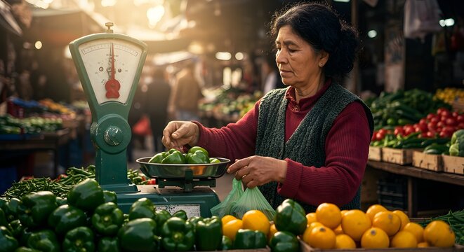 Woman weighing green peppers at market