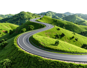 3D Rendered Winding Country Road Through Bright Green Landscape Isolated PNG