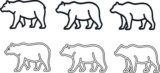 Walking bear line art and outline icon set symbolising power, survival, and natural strength.