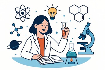 Engaging female scientist in laboratory holding test tube of vibrant liquid amidst scientific symbols and equipment representing innovation exploration and creativity in research environment