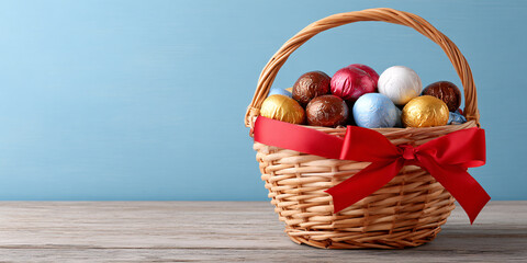 Elegant Easter Chocolate Basket Filled with Delicious Candies Wrapped in Colorful Foils