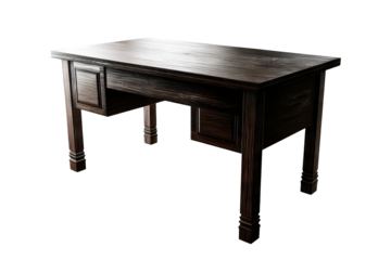 Modern wooden office desk with clean minimalist design and spacious surface, isolated on transparent background in high-resolution PNG format for digital interior design mockups and workspace cutout