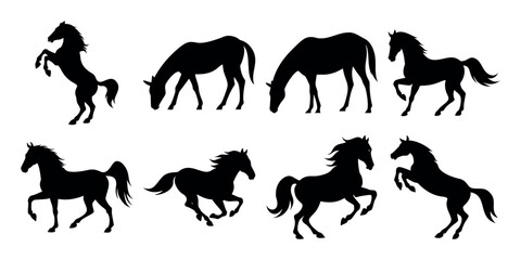 Fototapeta premium Collection of horse silhouettes in various poses isolated on white background