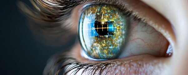 Close-up view of a human eye featuring a security grid.