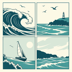 Naklejka premium Serene Coastal Scenes: Vintage Style Ocean Wave, Lighthouse, Sailboat Illustrations