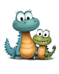 Fototapeta premium Cute Cartoon Dinosaurs Smiling Together in Bright Colors with Happy Expressions and Big Eyes