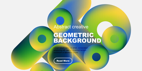 Abstract geometric shapes overlap, creating vibrant color gradients. Text promotes creative background design with call to action.