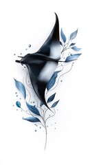Obraz premium Artistic Representation of a Manta Ray with Elegant Floral Elements in Blue and White Shades