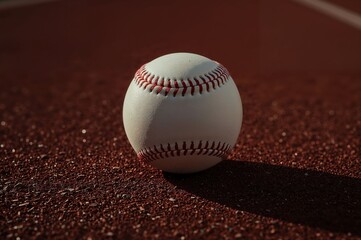 Close-up of classic white baseball with red stitches resting on textured red field surface in natural lighting

