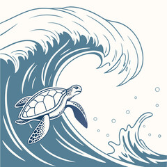 Serene Sea Turtle Riding Ocean Wave: Elegant Line Art Illustration