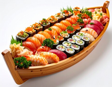 Assorted fresh sushi platter with colorful salmon tuna and vegetable rolls arranged in a wooden boat on a white background