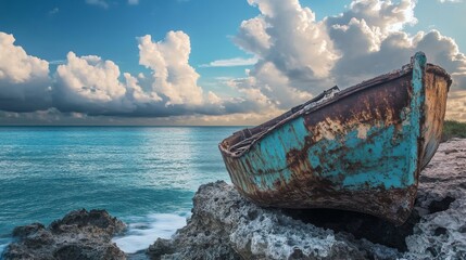 A rusty, weathered boat sits on a rocky shore overlooking a calm turquoise ocean, with a dramatic cloudy sky overhead.