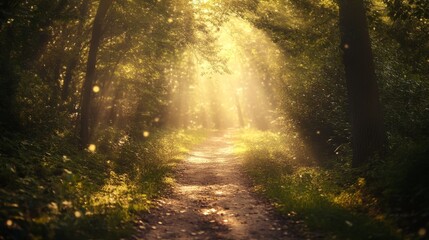 Fototapeta premium A sunlit path leads through a dense forest, bathed in a golden glow. The path is lined with lush greenery and the light creates a magical atmosphere.