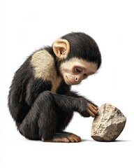 Young Monkey Holding Rock with Curiosity in a Minimalist White Background Setting