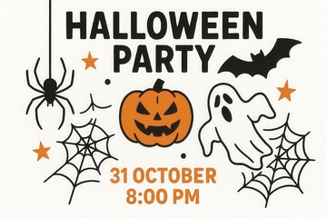 Festive Halloween Party Announcement Featuring Spooky Icons and Date Highlighting Joyful Celebration with Pumpkin Ghost Spider and Bat Visual Elements captured with clarity