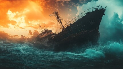 Fototapeta premium A weathered shipwreck is battered by stormy seas as the sun sets in the background.