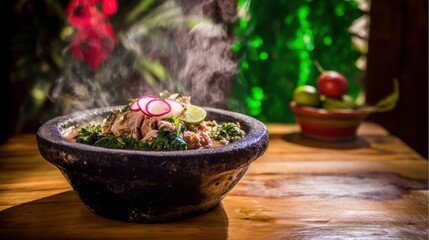 Steaming bowl of shredded pork with leafy greens, radish slices, and lime wedge on a wooden surface, surrounded by lush greenery and red flowers, fresh tomato and vegetables nearby.