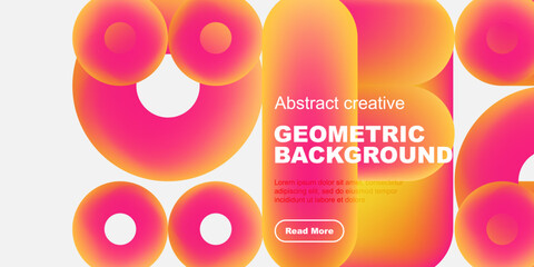 Vibrant geometric shapes overlap, creating dynamic colorful background. Text promotes creative design, inviting further exploration.