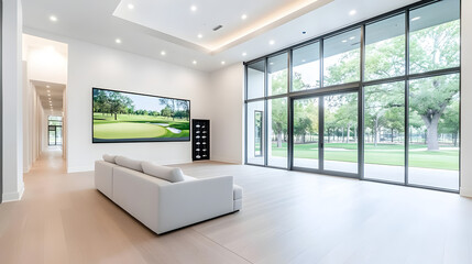Modern indoor golf simulator room with a large screen displaying a golf course