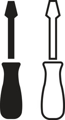 Tool repair and service flat, outline icon set. Working Engineering illustration. Instrument construction vectors. Maintenance mechanic hardware symbol fix support equipment on transparent background.