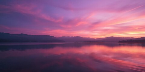 Fototapeta premium Serene purple twilight descends on a still lake, reflecting vibrant sky; distant misty mountains , background, digital