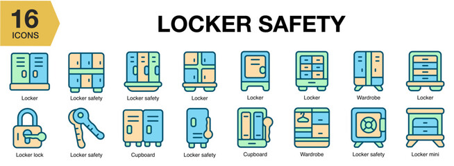 Locker Safety flat icon set. Includes locker, safety, secure, lock, storage, and More. Flat icons vector collection.