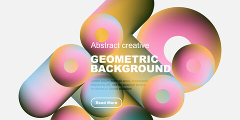 Vibrant abstract shapes overlap, creating colorful geometric background. Text promotes further exploration. Modern design elements present.