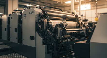 Close up of an industrial printing press machine in a modern factory setting, production and manufacturing concept for banner with copy space. Printing press machine at work.