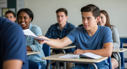 Obraz premium Young Student Passing Paper in Classroom Focused and Attentive.
