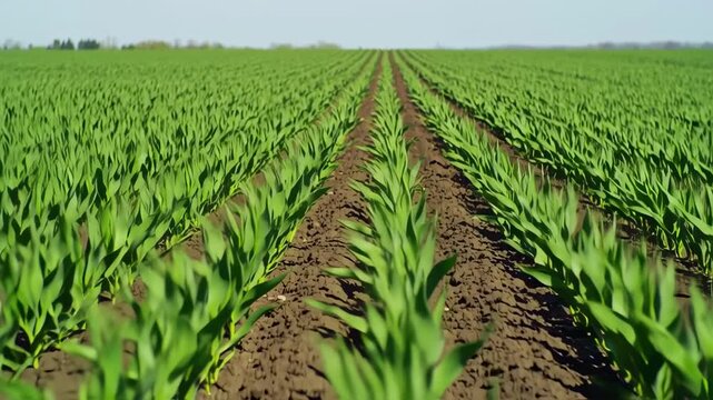 Young corn plants in rows on a farm field