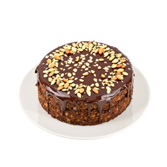 Chocolate Cake with Peanut Topping on White Plate Against a Transparent Background