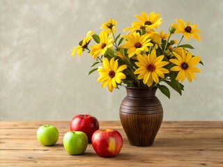 still life with sunflowers and apples