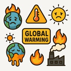 Global warming concerns illustrated through emotive symbols of earth in distress featuring warning signs representing ecological imbalance and industrial impact on environment highlighting
