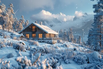 Cozy cabin nestled in snowy mountain landscape winter
