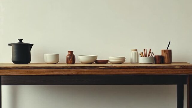 Simple, minimalist arrangement of ceramic and wooden tableware on a wooden shelf against a white wall
